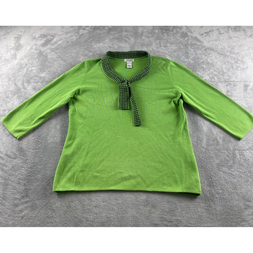 Kim Rogers Signature Womens Large Lime Green Houndstooth Tie Neck Sweater Top L